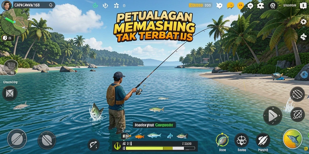 Tampilan gameplay <strong>CANVA168</strong> dengan pemandangan memancing yang menawan.