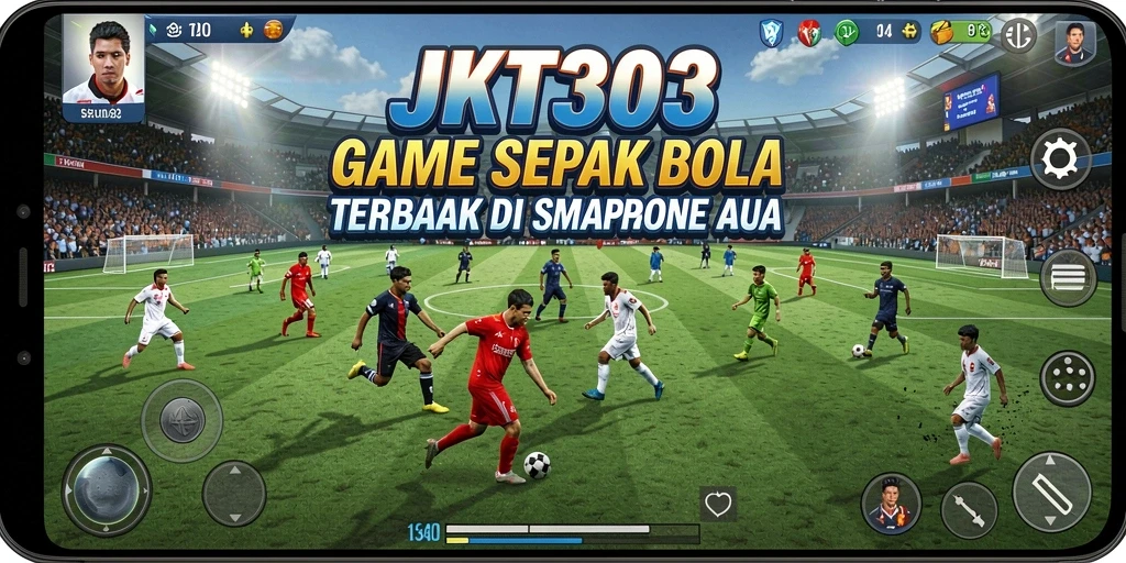 Tampilan gameplay seru dalam JKT303, menampilkan aksi sepak bola yang mendebarkan.