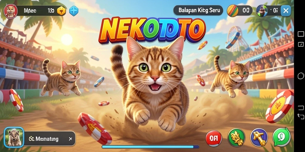 Tampilan gameplay NEKOTOTO saat balapan kucing yang seru.
