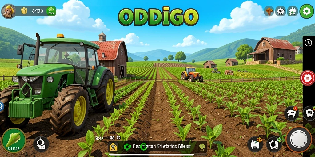 Tampilan gameplay ODDIGO dengan ladang yang subur dan hewan ternak.