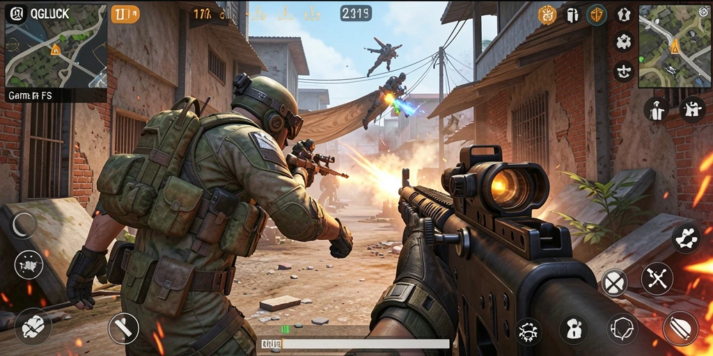 Gameplay seru QGLUCK dengan aksi tembak-menembak yang mendebarkan.