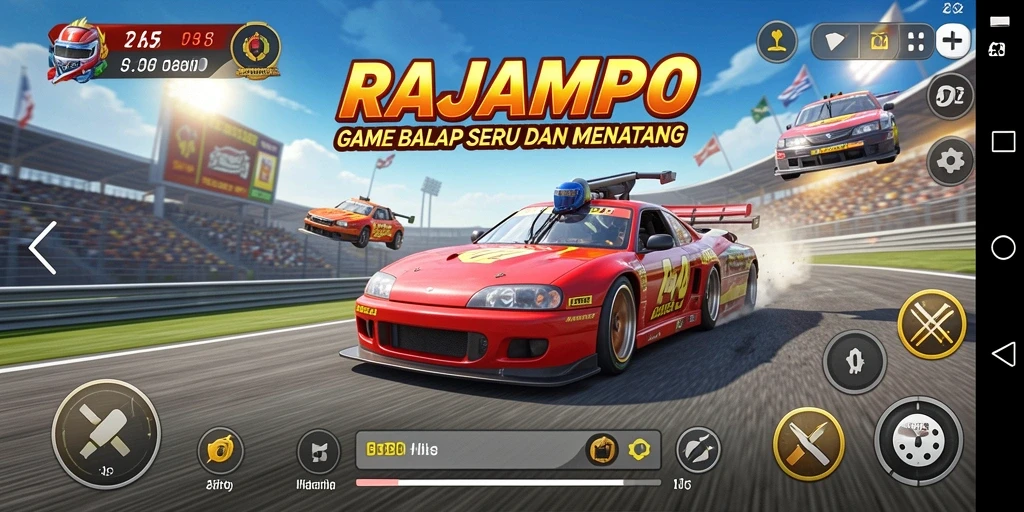 Tampilan gameplay seru di RAJAMPO dengan berbagai mobil dan trek.