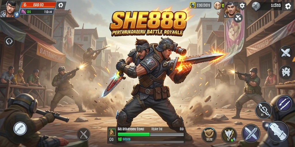 Tampilan screenshot SHE888 menampilkan aksi seru dalam pertarungan Battle Royale.
